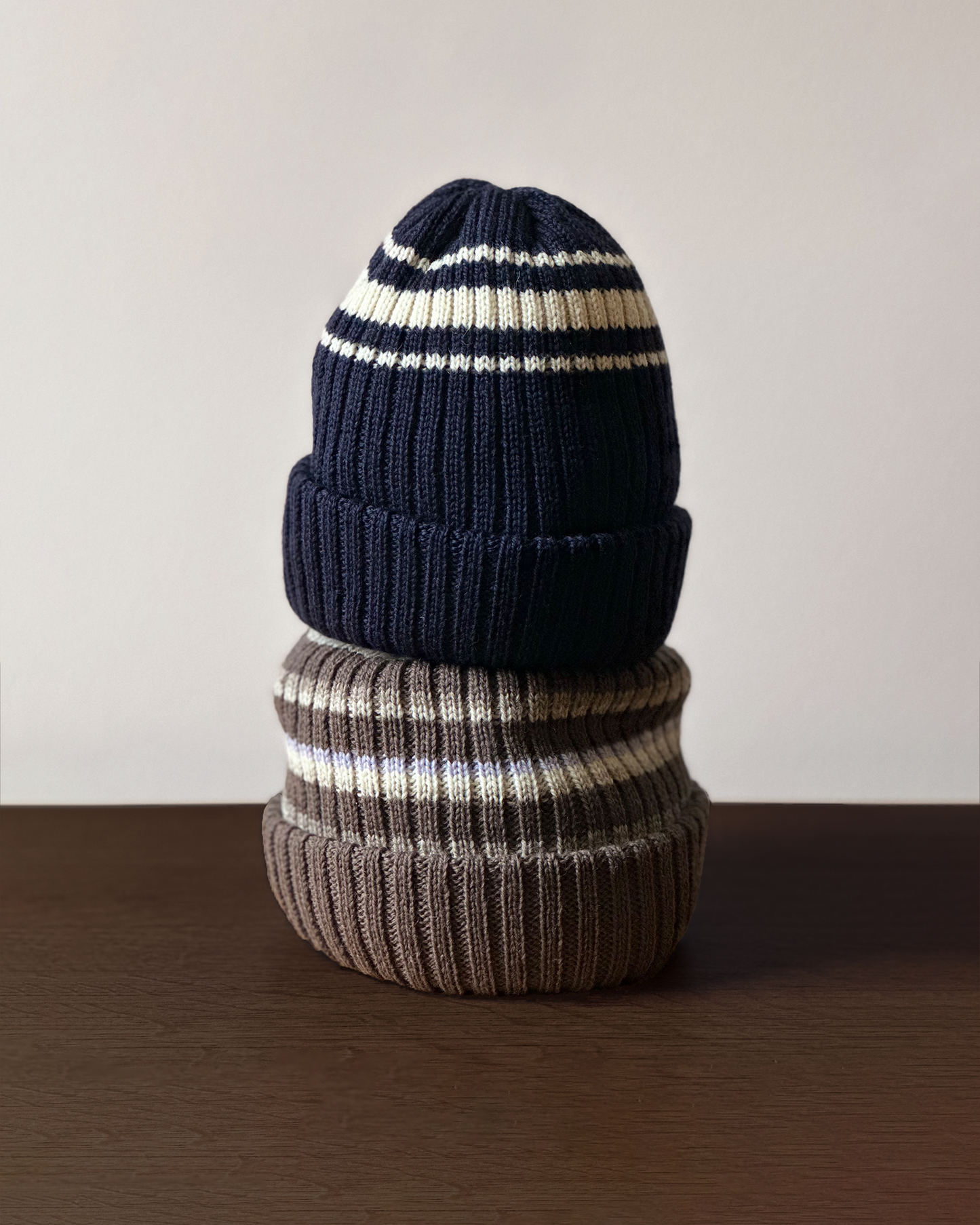 Merino Striped Ribbed Beanie: Mocha
