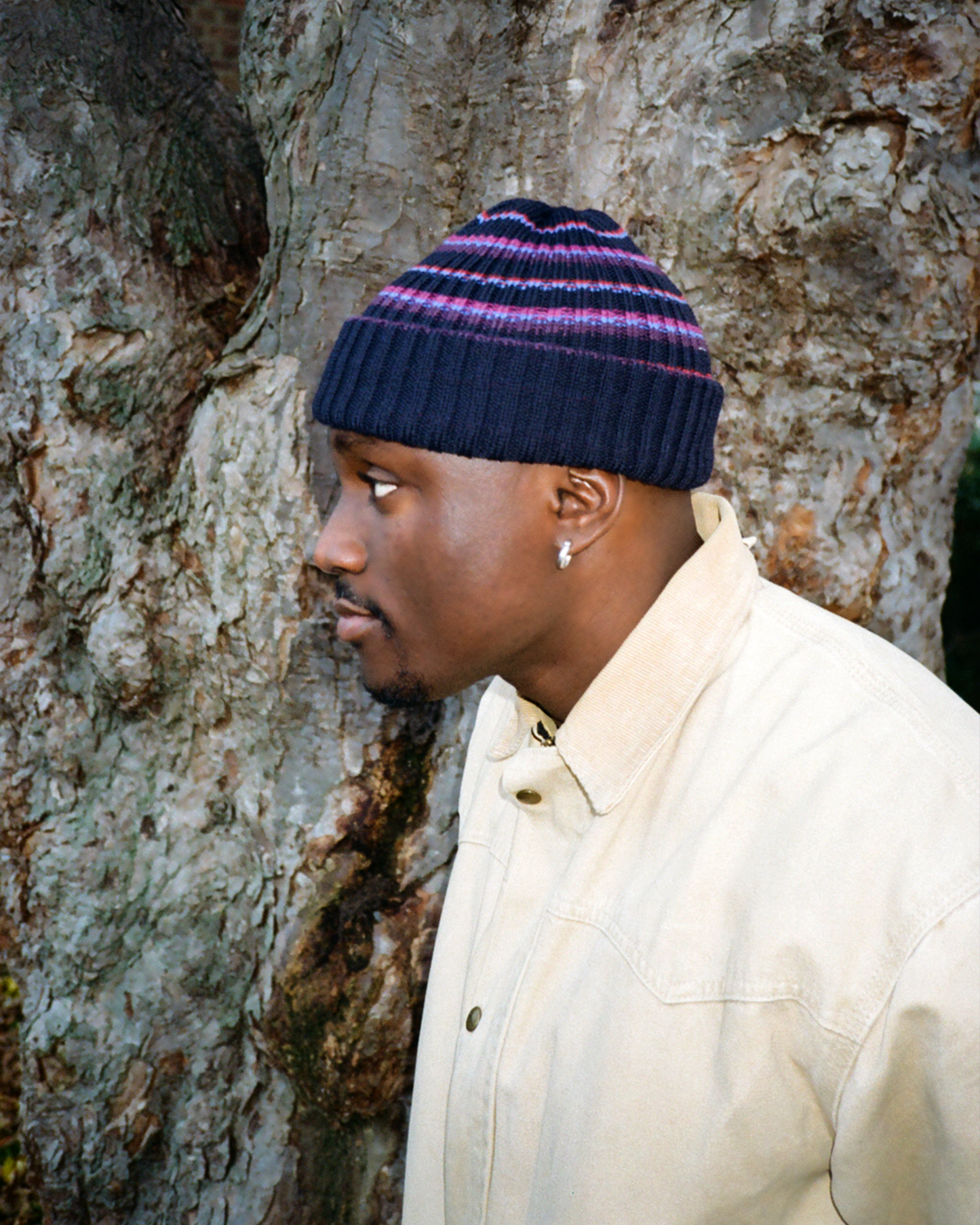 Merino Hikers Stripe Ribbed Beanie: Navy