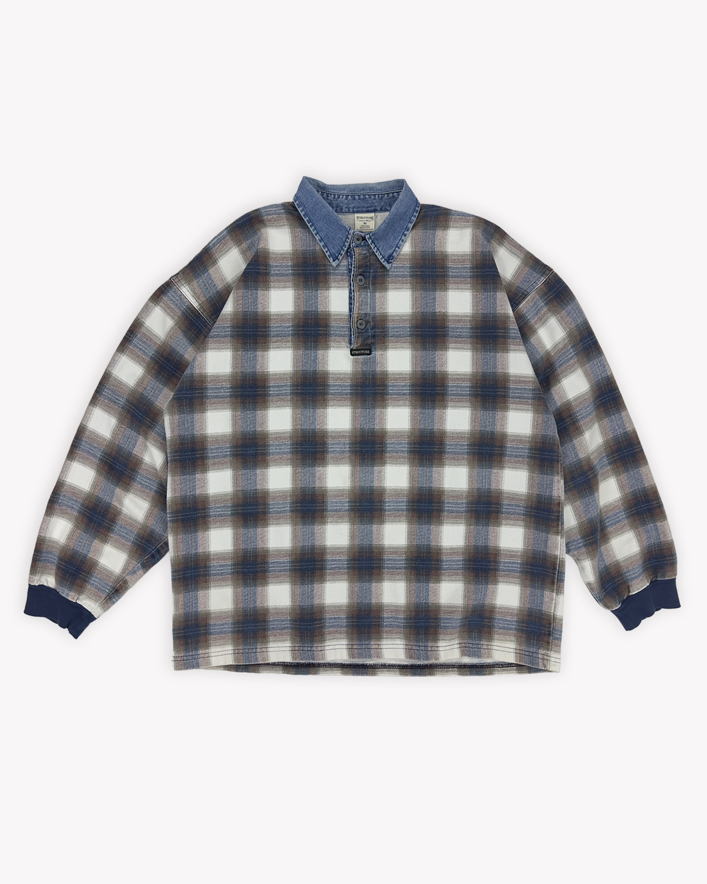 90s Structure Shadow Plaid Rugby: Ecru L/XL