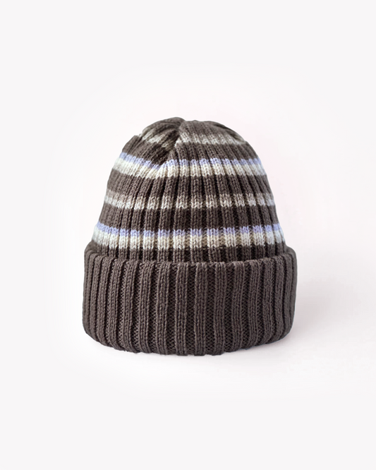 Merino Striped Ribbed Beanie: Mocha
