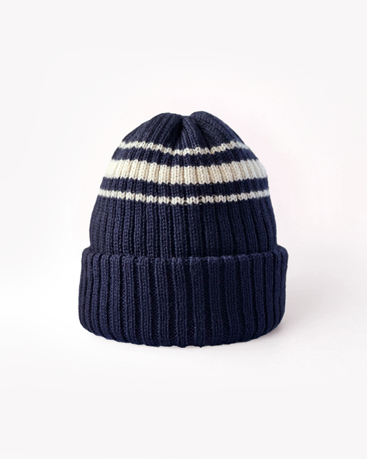 Merino Top Stripe Ribbed Beanie: Navy