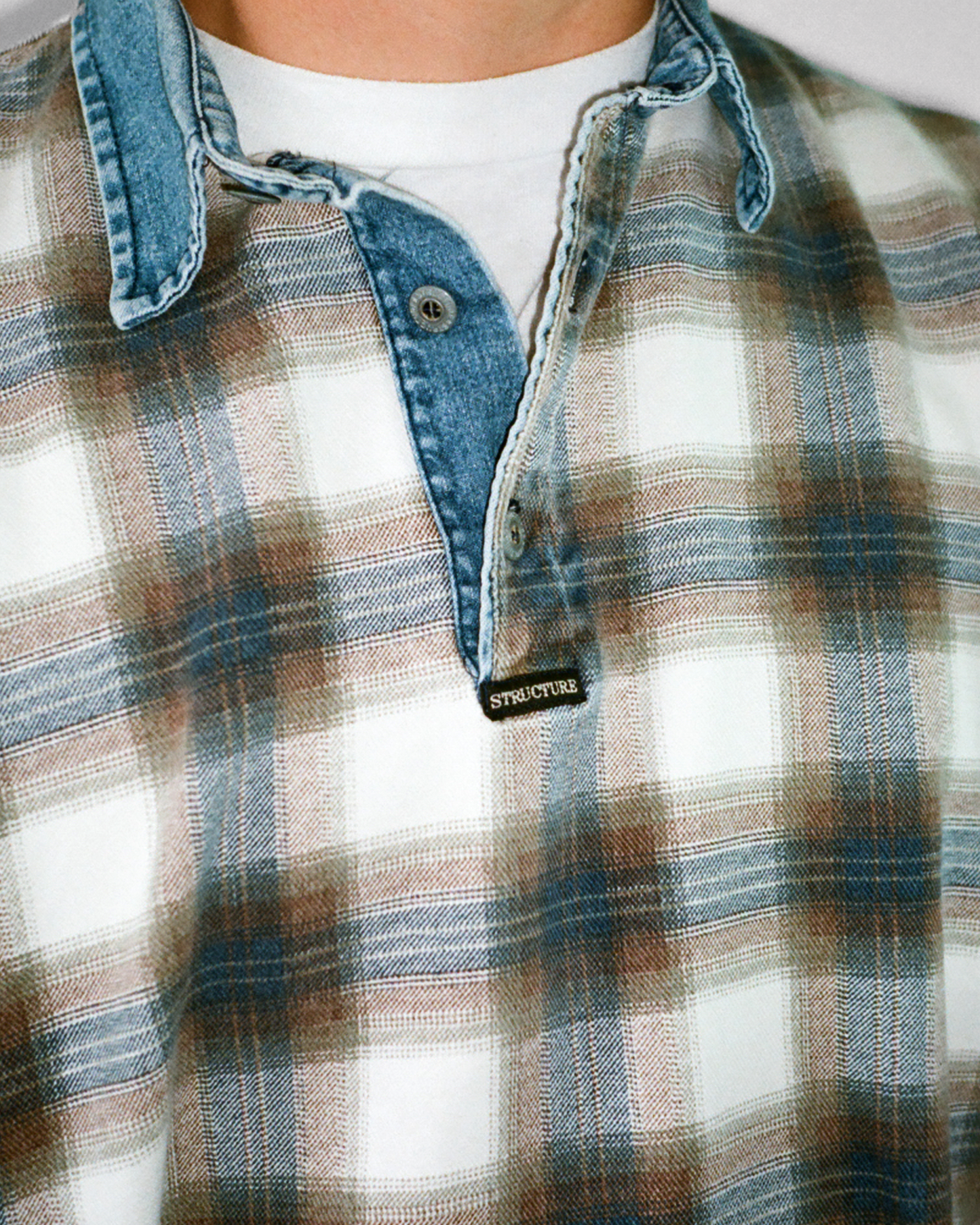 90s Structure Shadow Plaid Rugby: Ecru L/XL